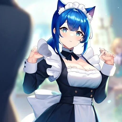 Clear Focus, High resolution, wearing a maid uniform, fluffy hair and a long ponytail, blue hair, cat ears, meowing