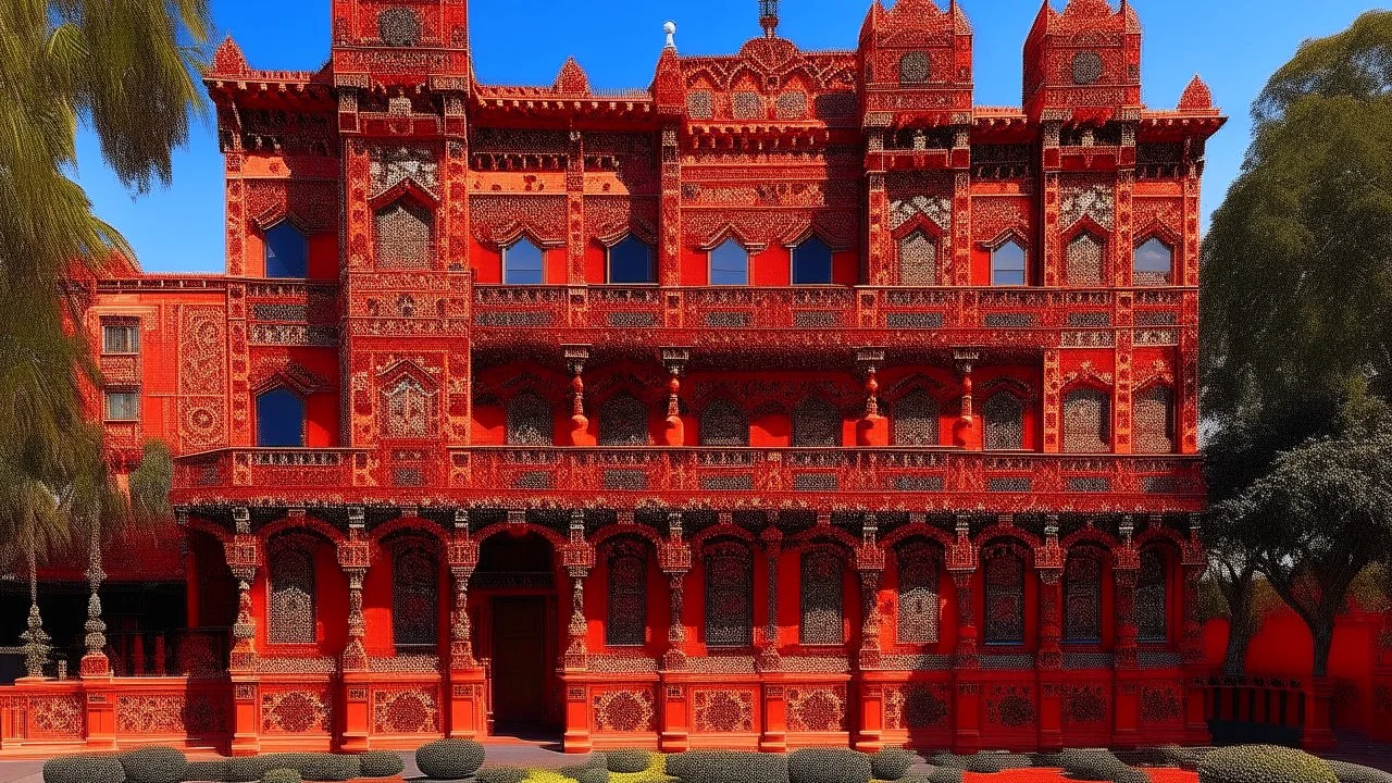 A red palace with fiery crystals designed in Australian aboriginal art painted by Lucas van Leyden