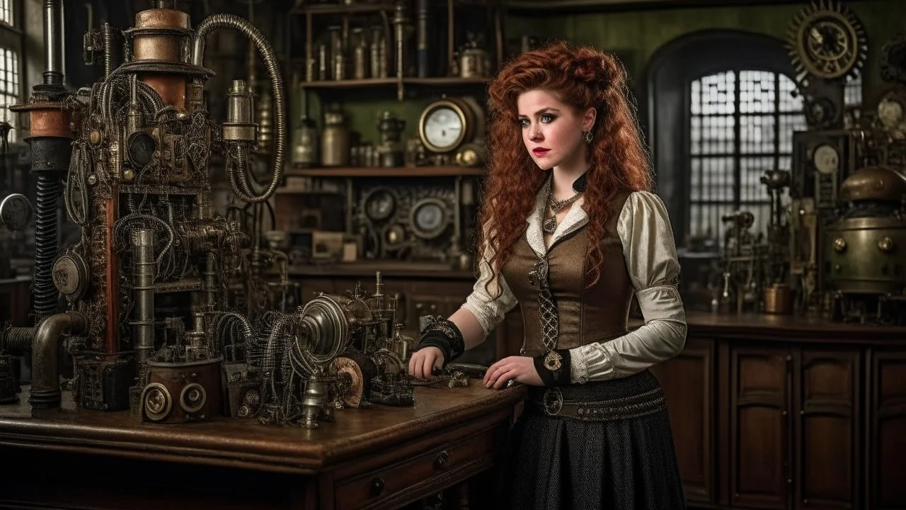 pale-faced woman with auburn wavy shoulder-length hair, with detailed steampunk metal arms and legs, dressed like a Victorian, in a laboratory full of small machines