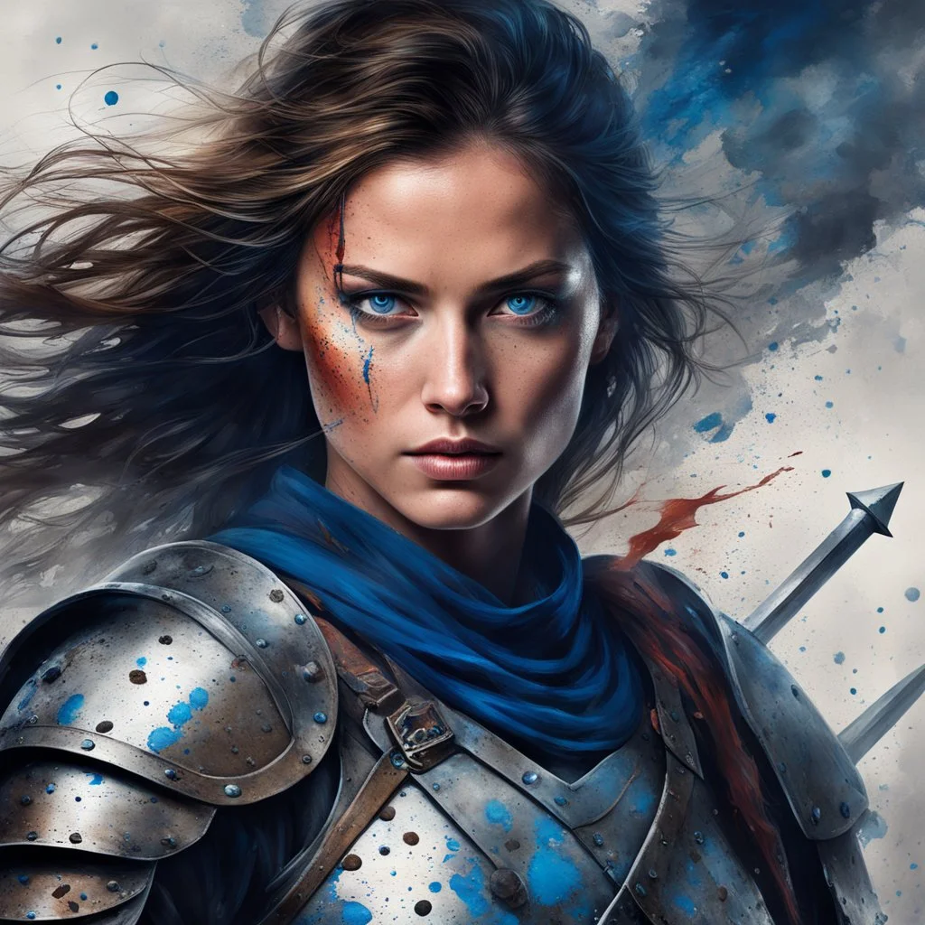 In a riveting display of resilience, a woman warrior’s intense blue eyes run in the battle, awash with the echoes of battle, pierce through the cacophony of war's remnants. Her body, speckled with the freckles of youth and the splatters of conflict, stands as a canvas of courage behind the steel of her raised sword.