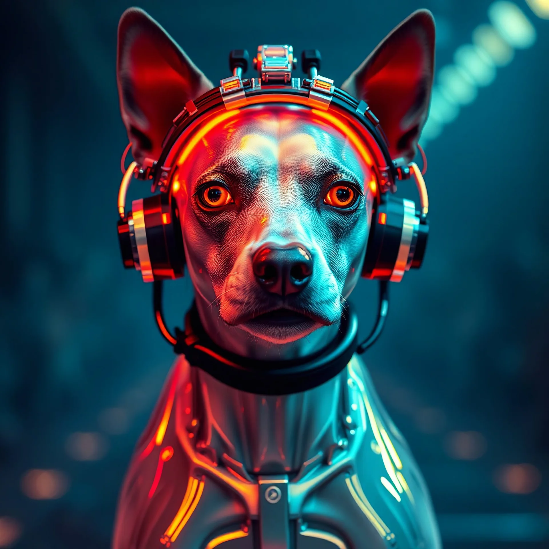 cyborg Ai dog with neuralink headgear, on an inter dimensional catwalk,perfect human face, clear acrylic plastic film, full body shot, catwalk fashion show, iridescent, surreal, Salvador Dali meets pixels,,waterhead, dj style, neon orange,glowing eyes ,clouds, fire