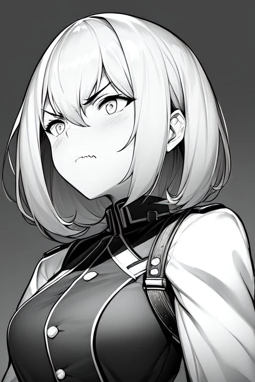 military girl, angry face, close-up, greyscale