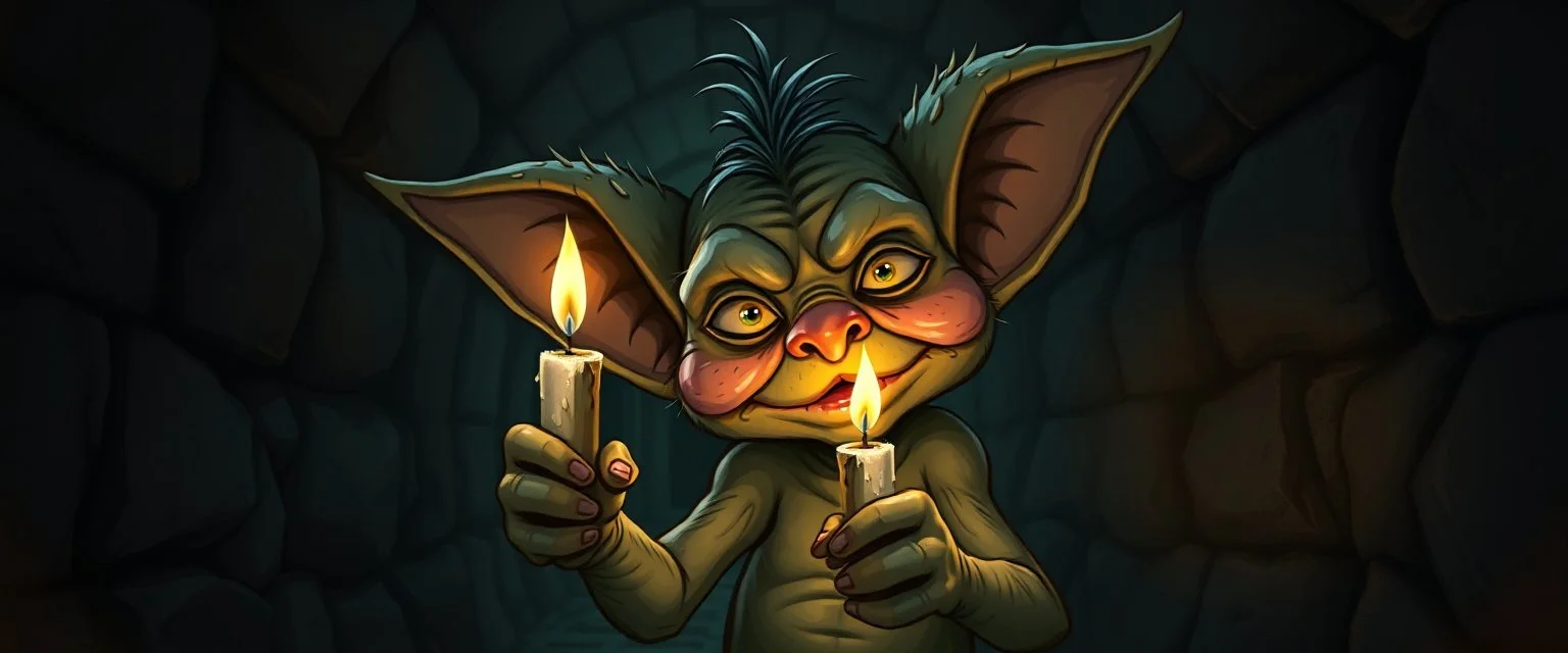 Small impish gremlin blowing out a candle with puffed cheeks, soot-covered face, oversized ears, dark dungeon corridor, dramatic shadows, whimsical fantasy art