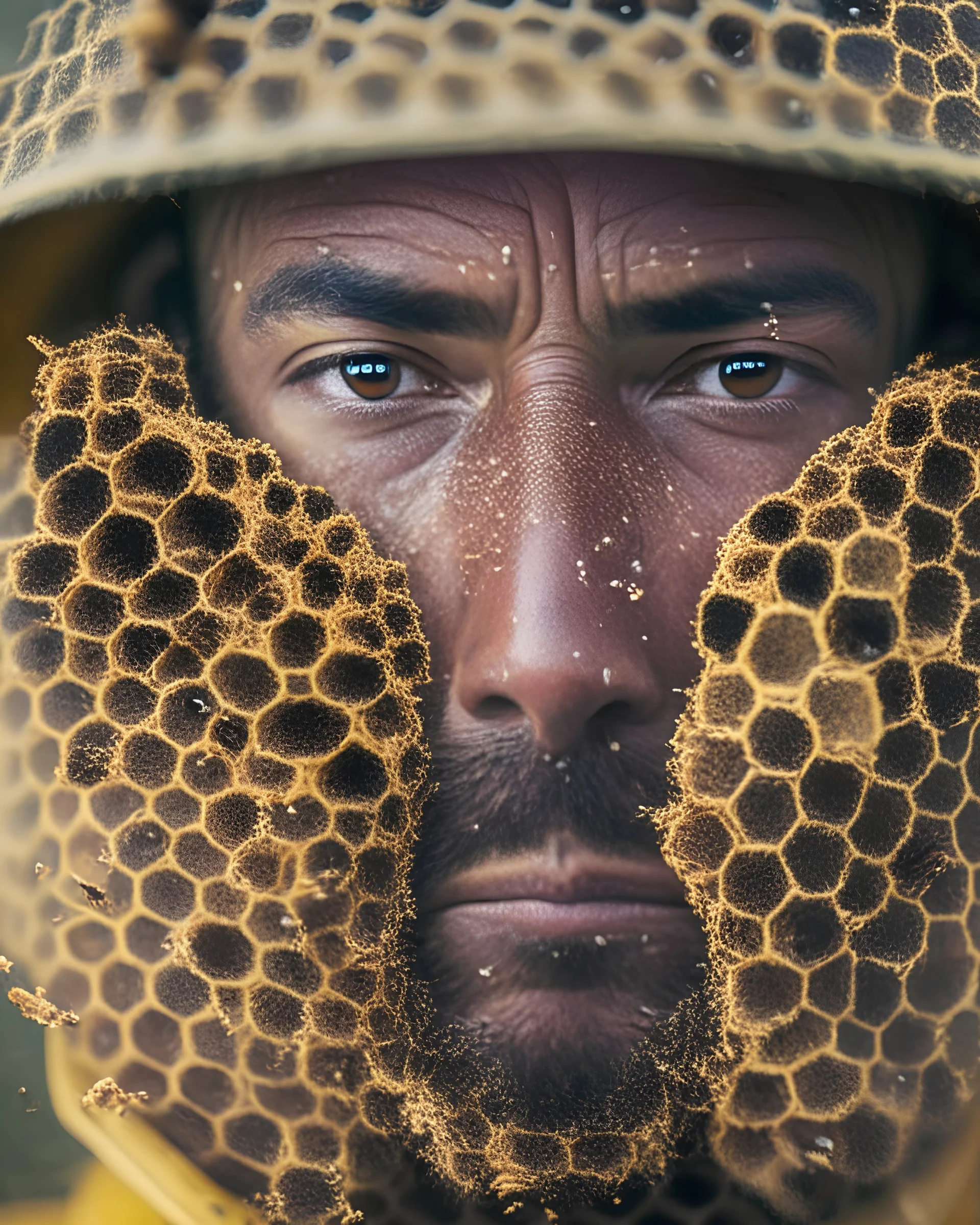 A close-up portrait of a beekeeper, their face partially obscured by a swarm of bees, symbolizing the vital and delicate relationship between humans and the natural world.