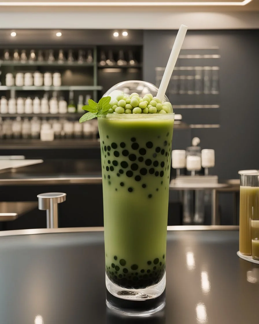 filling the frame we are looking into a tank filled with matcha green bubble tea, dark tapioca pearls along the bottom against the glass, ice floating at top, no fish, no outside of tank