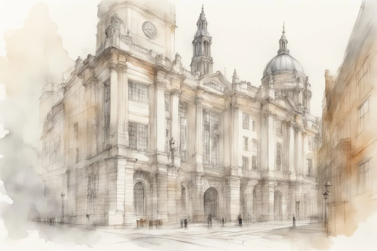 Nottingham City sketch, watercolor, white background, vibrancy of watercolor wash, highly detailed, with sharp focus and smooth transitions. golden ratio, masterpiece, trend on CGSociety and Artstation, bottomless, impressive, something that does not even exist, textures,