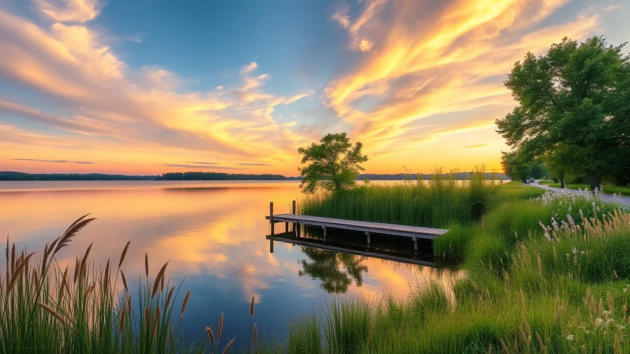 A tranquil lakeside scene at sunset. The calm water reflects the colors of the sky, and a small wooden dock extends into the lake. Surrounding the lake are lush, green trees and soft grasses and flowers swaying gently in the breeze. Award-winning photograph, beautiful composition, exquisite detail and illumination