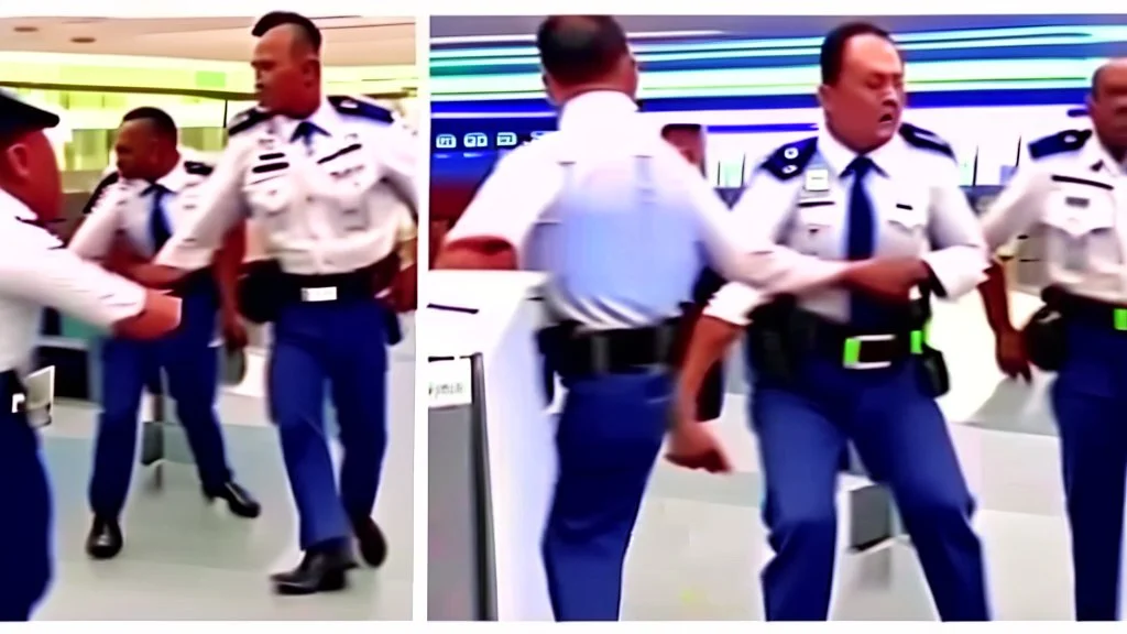 2 security officers force angry plainly dressed male to leave airport lounge