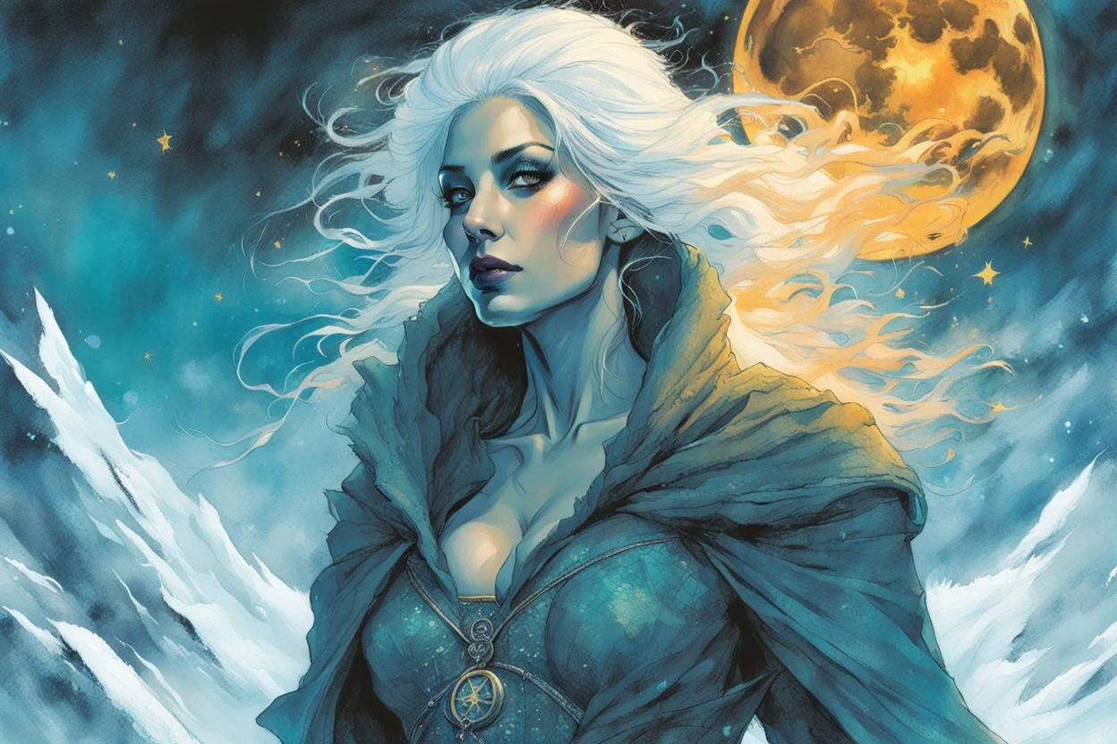 create a highly detailed high fantasy portrait illustration of a sensual sorceress clothed in hoarfrost, amidst a swirling blizzard on the eve of Samhain under the watch of a baleful moon in the graphic novel style of Bill Sienkiewicz, with highly detailed facial features and clothing, with an otherworldly and ethereal background by Van Gogh