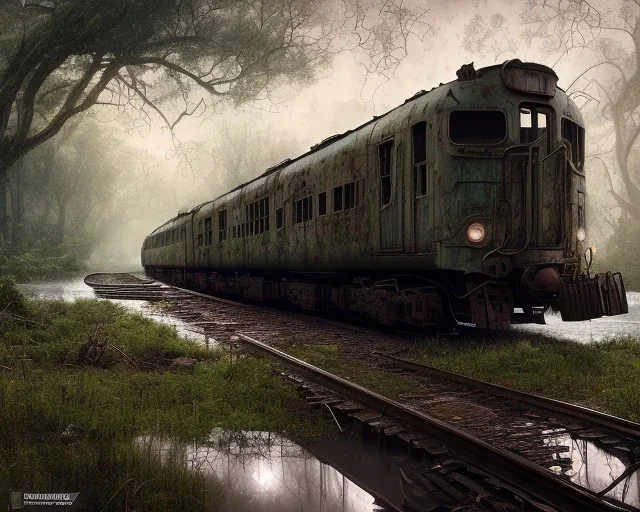 warrior stand in front, an abandoned train on tracks overgrown by nature with large puddles of water flooding part of tracks, 8k resolution, high-quality, fine-detail, intricate, digital art, detailed matte, volumetric lighting, illustration, 3D octane render, brian froud, howard lyon, selina french, anna dittmann, annie stokes, lisa parker, greg rutowski