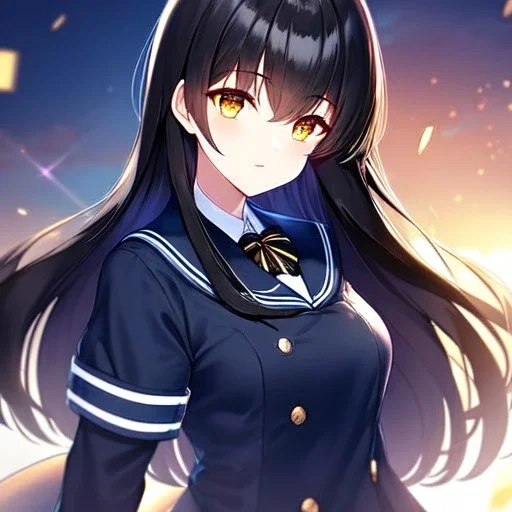 girl, masterpiece, best quality, volumetric lighting, detailed outfit, perfect eyes, long hair, black hair, golden eyes, black stockings, school outfit,