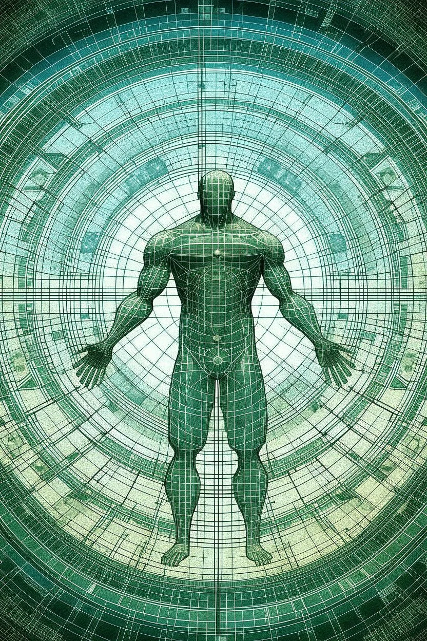 Human – Language – Computer. Leonardo da Vinci's Vitruvian man against the background of the matrix and the crumbling ones and zeroes. close-up of the surrounding area. Solid science fiction, high resolution