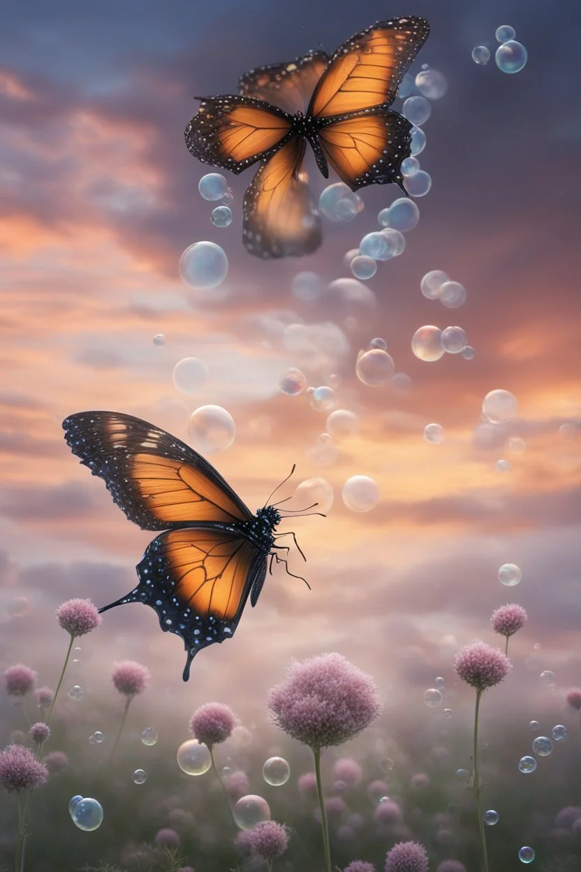 Majestic butterfly with bubbles surrounding it, going up into the clouds at dusk