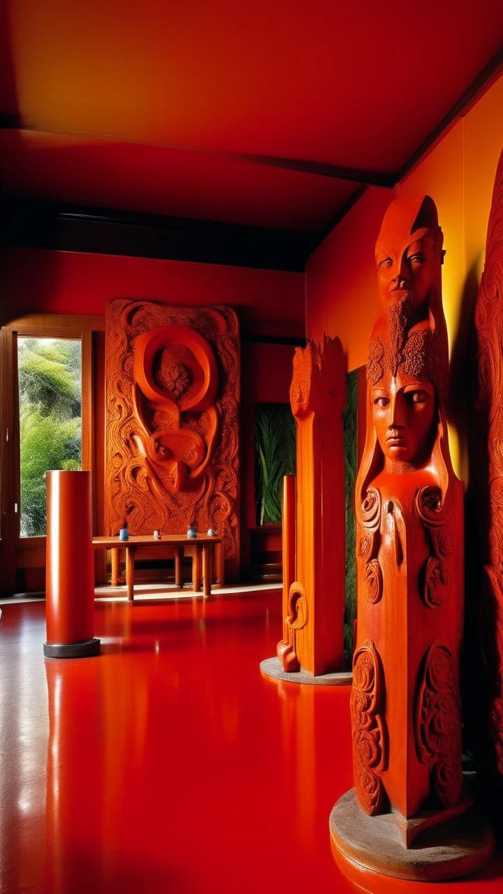 An orangish red monastery with a healing heart designed in Maori sculptures painted by Clyfford Still