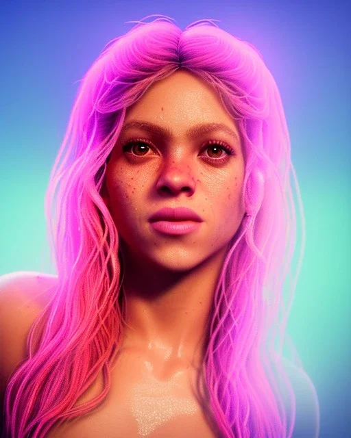 portrait, Shakira, blonde artist, Realistic image, drinking a strawberry milkshake, pink line make-up, sweat, fog, goddess style, Neon colors, leds. Color background, photo studio, concept art, smooth, unreal engine 5, god lights, ray tracing, RTX, lumen lighting, ultra detail, volumetric lighting, 3d, finely drawn, high definition, 4k.