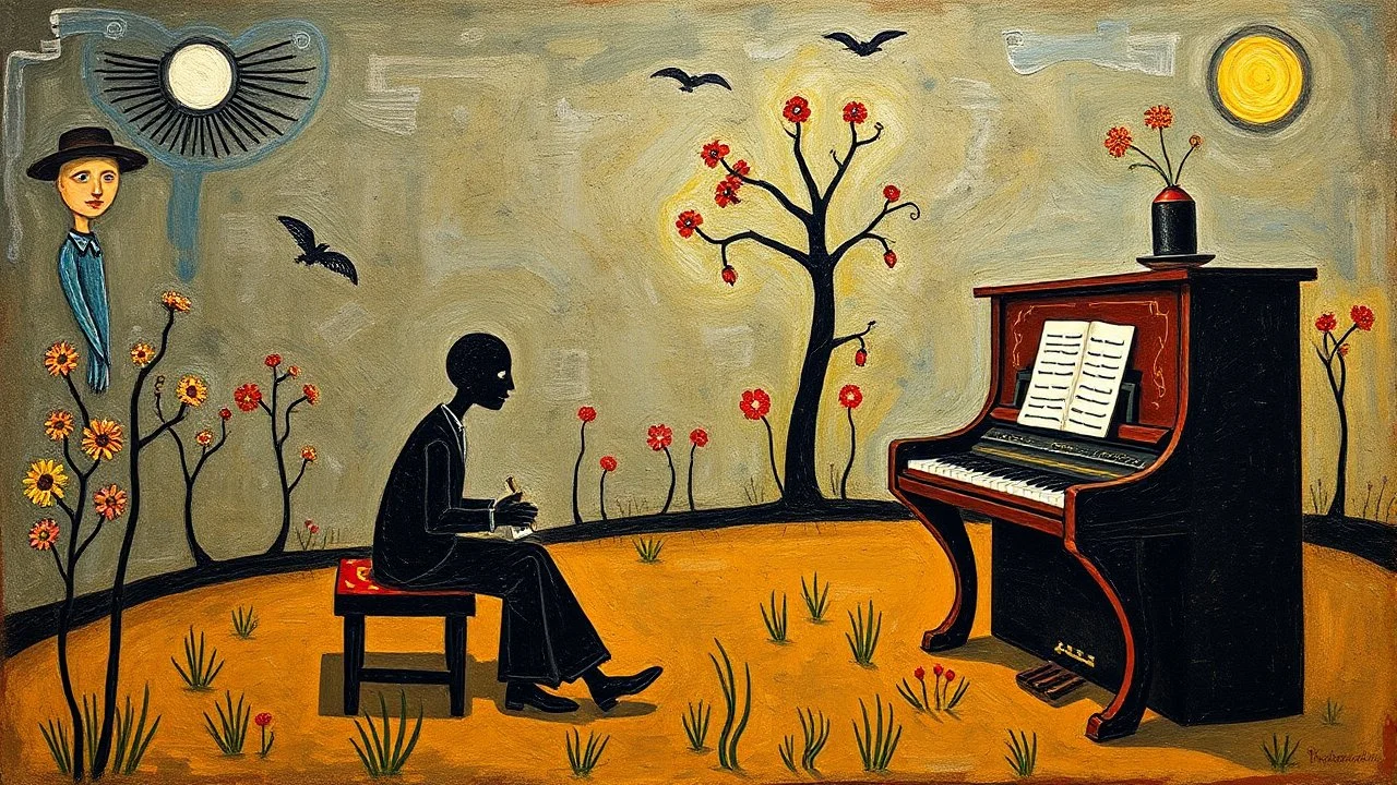 Lonely pianist, folk art surreal; mid-20th century naive art, abstract,