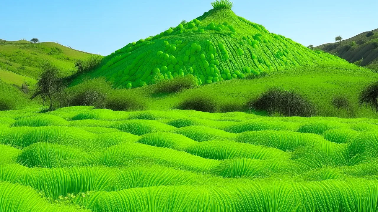 A lime green steppe near hills designed in Mexican folk art painted by Antoni Gaudi