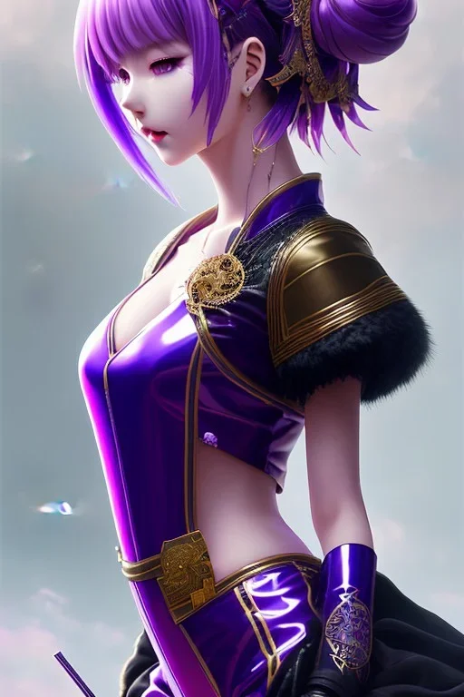 Detailed cute anime Kunoichi girl, purple hair buns, purple bangs, black latex bodysuit, intricate details, full body portrait, keep head in frame, slight smile, black Japanese motif, concept art, highly detailed, digital painting, concept art, sharp focus, illustration, art by Yoji Shinkawa, WLOP and greg rutkowski and alphonse mucha and artgerm and yanjun Chen and Junji ito and Makoto Shinkai, HDR, octane render