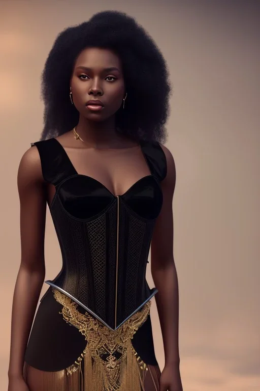 A portrait of a beautiful youthful black woman, wearing a black corset, long black hair, wizard, magical, ethereal, Warm bright lighting. Concept art by wlop. Ultra quality 8k.