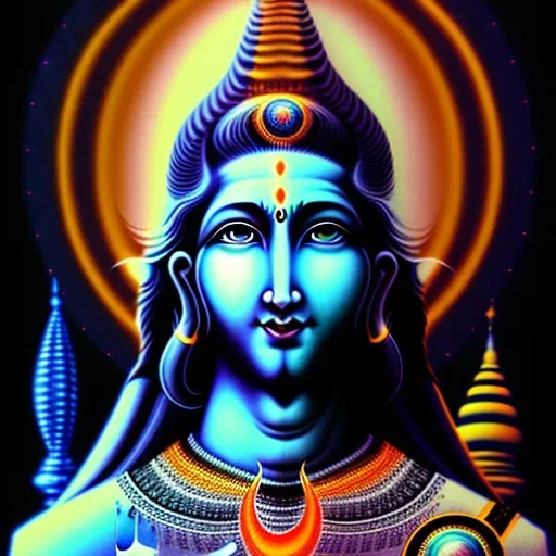 portrait of Lord Shiva, meditation, third eye, space, dark, universe, fourth dimension, fractal, realistic, 8k, high quality, extreme detail, symmetrical,