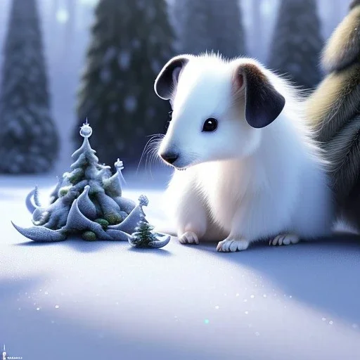 pixar style, volumetric Winter garden environment and background, realistic painting of a cute ermine baby laying on the ground, looking excited, detailed digital painting, extreme dense and fine fur, anime, ornate, colour-washed colors, elegant, small minutiae, tiny features, particulars, centered, smooth, sharp focus, renderman gofur render, 8k, uhd, detailed eyes, realistic shaded volumetric lighting, sunlight caustics, backlight, centered camera view