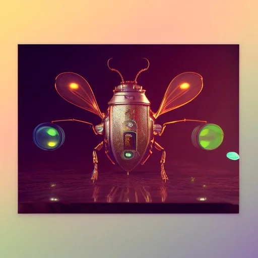 Steampunk bug,steampunk center composition, ultra realistic, shiny, smooth, studio quality, octane render, Surrealism, Triadic colour scheme,glow-stick, ambient lighting,nightclub lighting, polaroid, 100mm, --ar 1:1 --v4