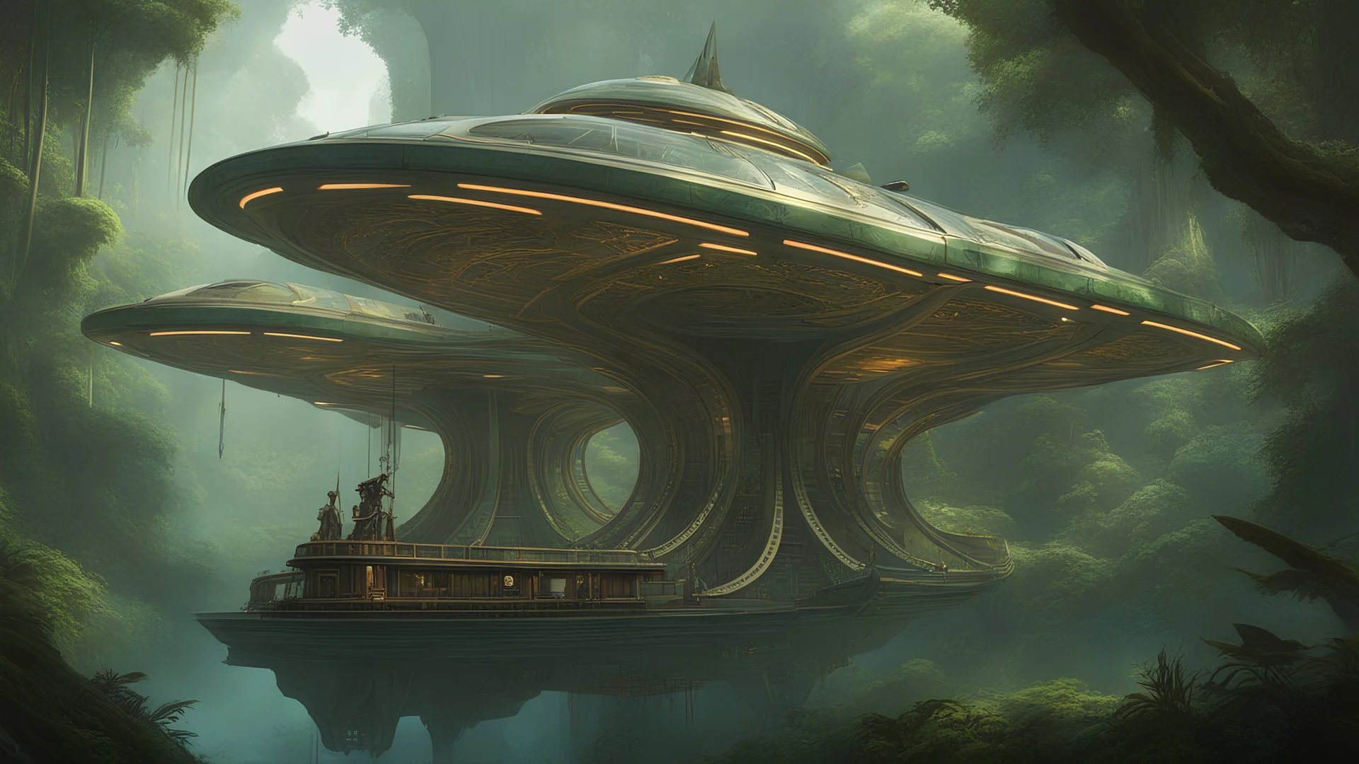 A high tech solarpunk starship in the Amazon rainforest, art nouveau, mucha style, very detailed