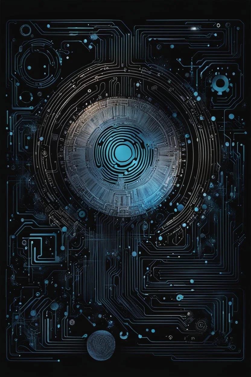 drawing art from pale blue fingerprint made of circuits, metal lines and numerical numbers . in background the black walls with abstract and geometric shapes symbols, circle, square , a unique dark fantasy style. The atmosphere surrealism and minimalism. splash art, The black drawing artwork with ink