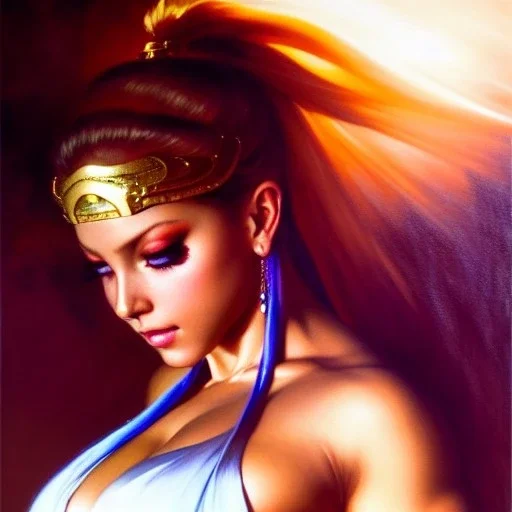 Drawing of beautiful face,busty Cammy-Street fighter,intense stare,Minimal ancient armor, balanciaga fashion clothe painting by gaston bussiere, greg rutkowski, yoji shinkawa, yoshitaka amano, tsutomu nihei, donato giancola, tim hildebrandt, oil on canvas, cinematic composition, extreme detail,fit full head inside picture,16k