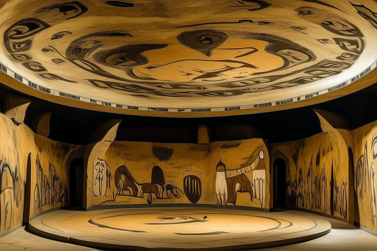 A tan martial coliseum designed in cave paintings painted by Pablo Picasso