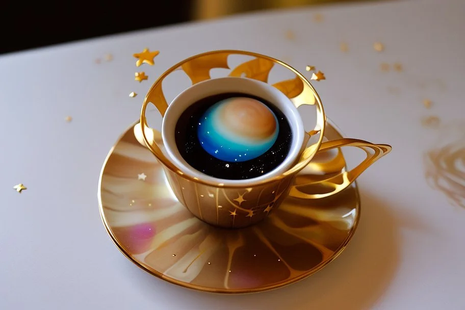 A universe swirling in a beautiful gold rimmed porcelain coffee cup, with planets, stars, steam, masterpiece, in sunshine