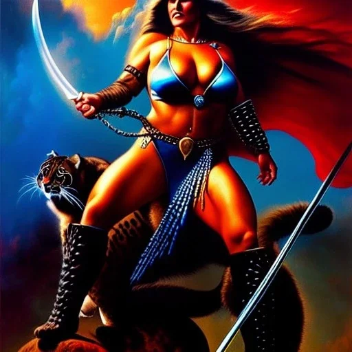 portrait oil on canvas,beautiful busty Female Warrior riding a Gigantic Panther, minimal armor,comic book cover, mystical colors,insanely detailed,realistic,intrincate detail,crystal clear eyes,perfectly drawn face, 16k resolution, masterpiece,Simon Bisley,Frank Frazetta,Alex Horley,ARTHUR ADAMS