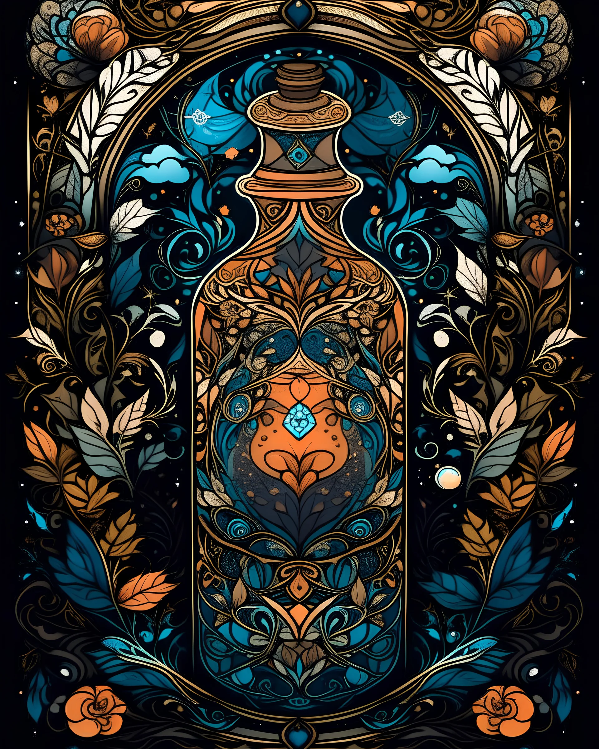 front cover book libro infantil, A majestic Witch Bottle Stained Glass illustration at the mandala's center, surrounded by intricate patterns and floral motifs. front book