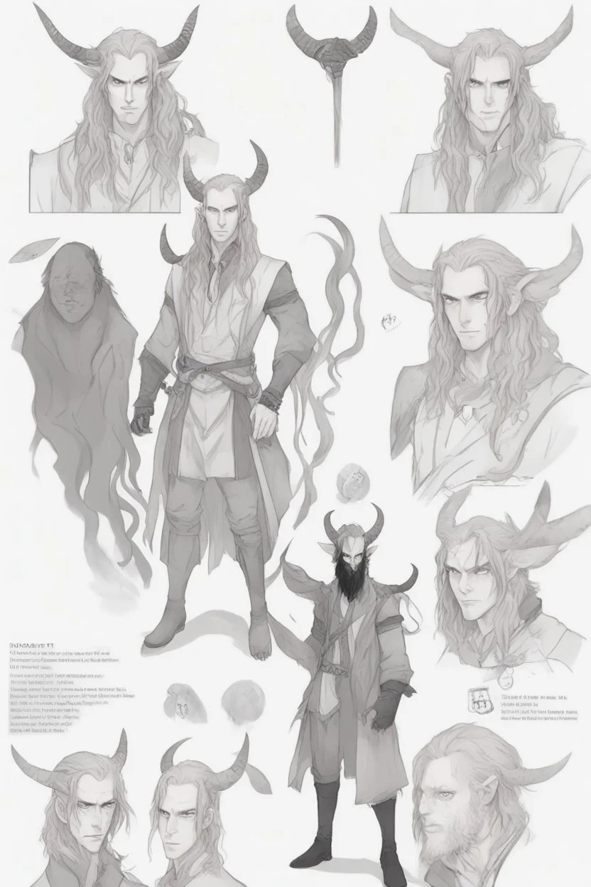 A dnd character sheet, a tiefling man with long hair and long black horns, white eyes and pale skin. Handsome.