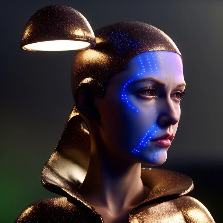 Sweet british cyber woman, cold ambient, rain, fog, latex, cables, purpurin, black, gold, rings piercing, brown, decorative color feathers, circuits, neon style, a lot of led lights, fog, rain, vibrant color, highly detailed, art stations, concept art, smooth, unreal engine 5, god rays, ray tracing, RTX, lumen lighting, ultra detail, volumetric lighting, 3d, finely drawn, high definition, high resolution.