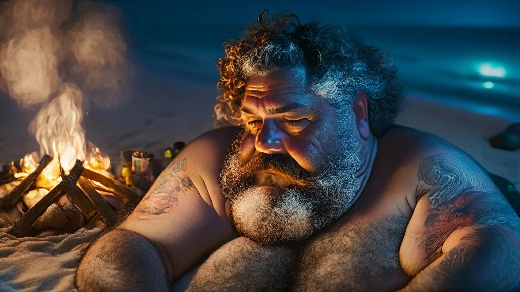 top view photography of a sicilian baywatcher burly sweat chubby 52 years old , swimwear, manly chest ,tattoo, curly hairs, beard, relaxing with open arms on the beach at midnight , illuminated by bonfire, photorealistic, 8k, Canon EOS, 35mm lens, , unreal engine, greg rutkowski, loish, rhads, beeple, makoto shinkai and lois van baarle, ilya kuvshinov, rossdraws, tom bagshaw, alphonse mucha, global illumination, detailed and intricate environment