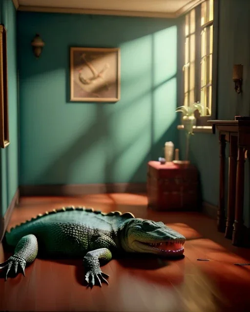 Room scene with alligator sleeping, Wes Anderson styler, realistic image, concept art, smooth, unreal engine 5, god lights, ray tracing, RTX, lumen lighting, ultra detail, volumetric lighting, 3d.