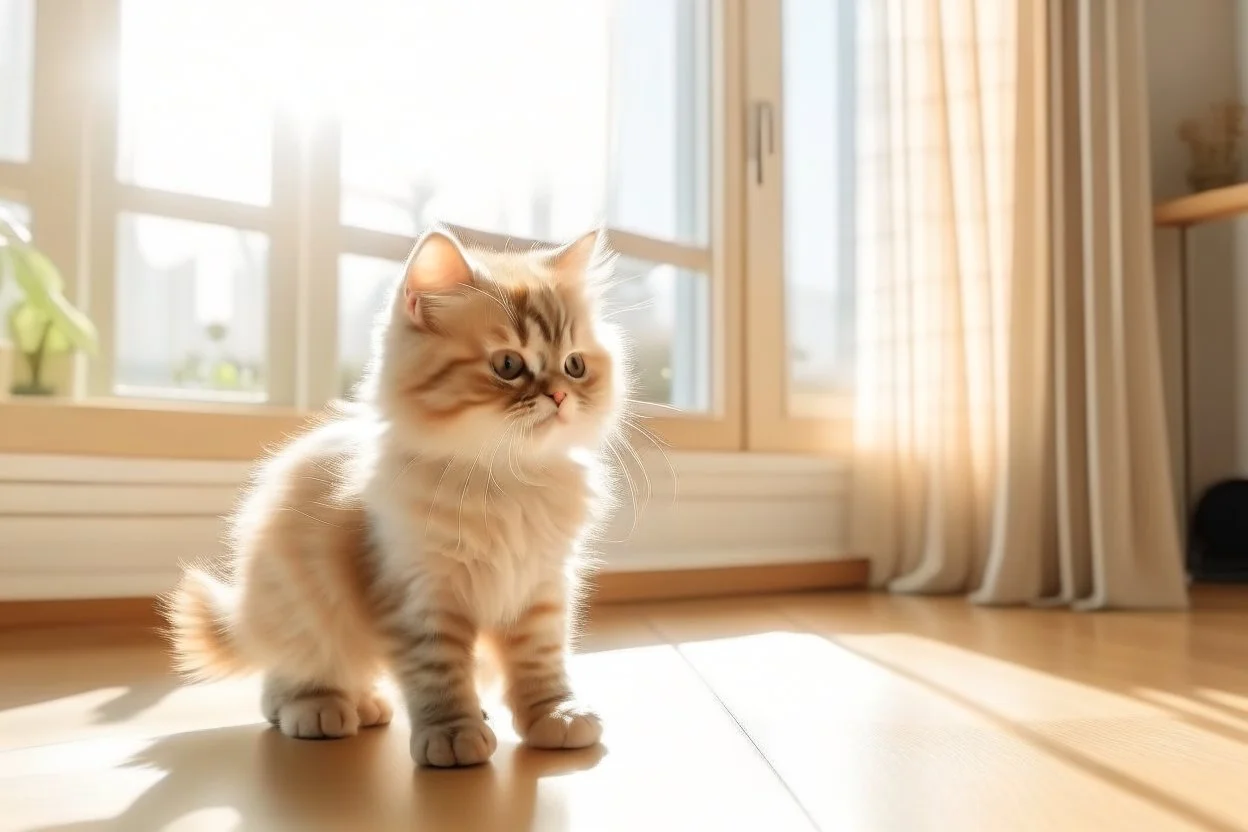 cute fluffy chibi beige cat measuring fever in a modern room in sunshine