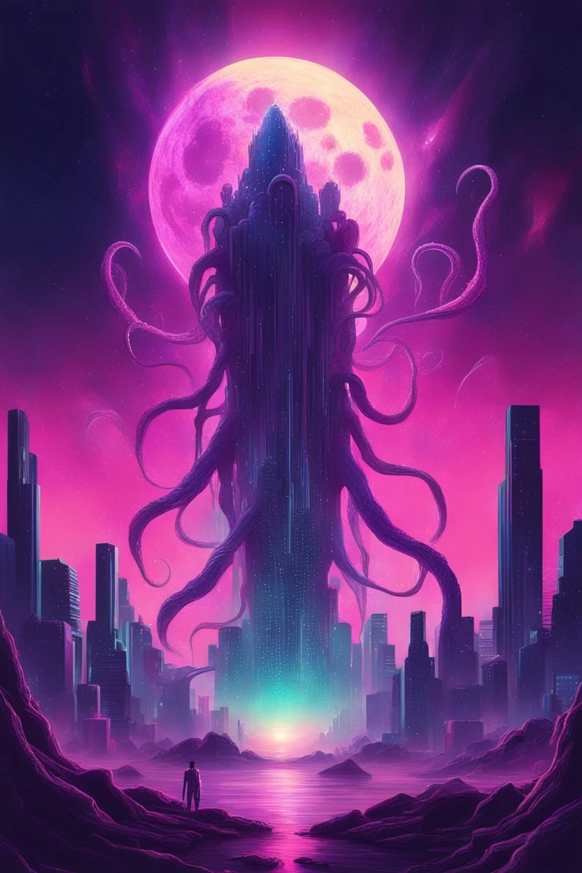 A surreal synthwave landscape featuring a towering cosmic entity with tentacles reaching towards a neon-lit city, under a sky filled with glitching stars, a distorted moon, and dark, swirling cosmic anomalies.