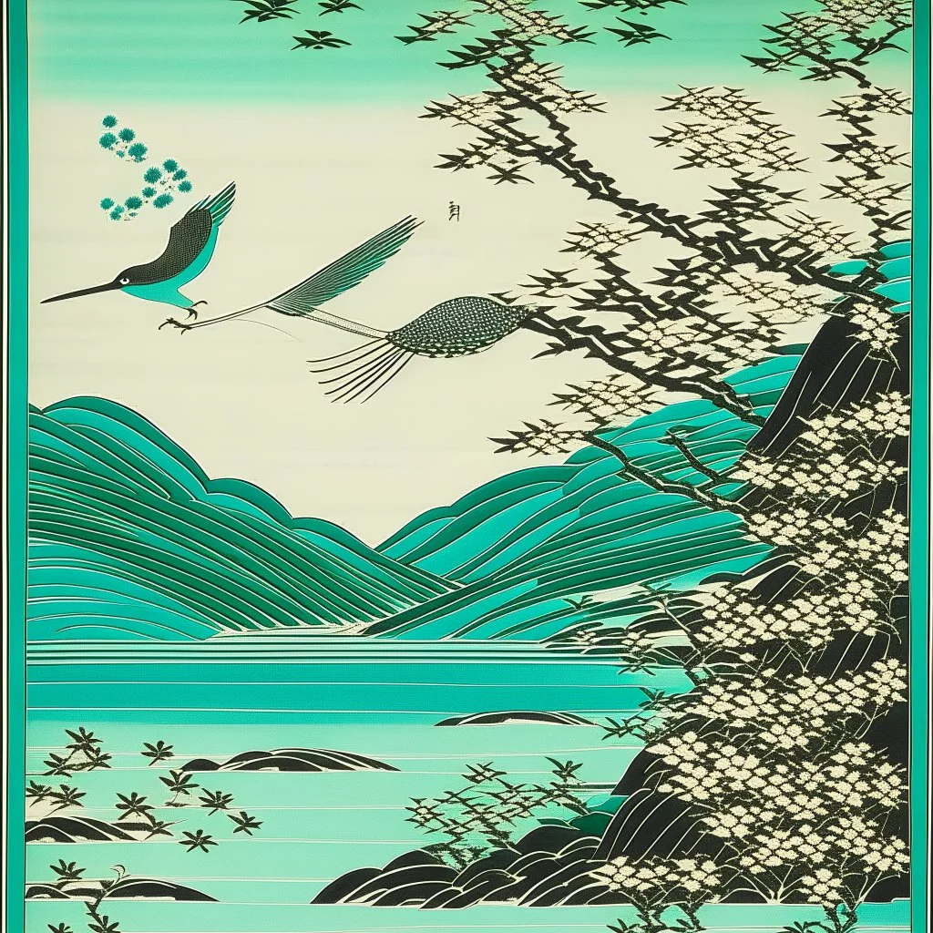 A mint color Magic Aether designed in Australian aboriginal art painted by Utagawa Hiroshige