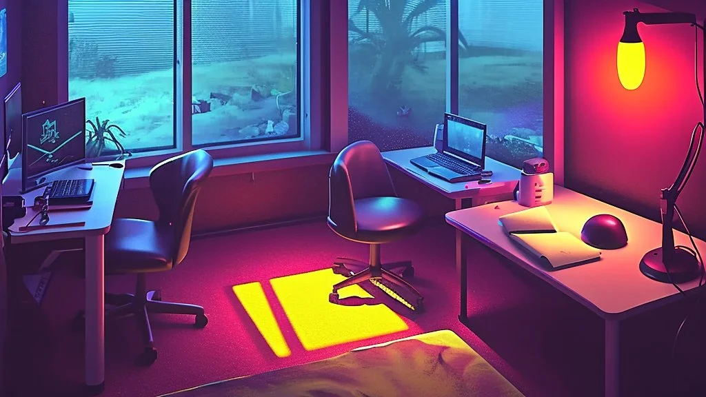 Dimly lit night time gaming room, with a messy bed and a single desk with a gaming PC, two monitors on the desk, gaming chair, bed is in the background under a window, the room is filled with neonlights, night time, atmospheric, detailed.