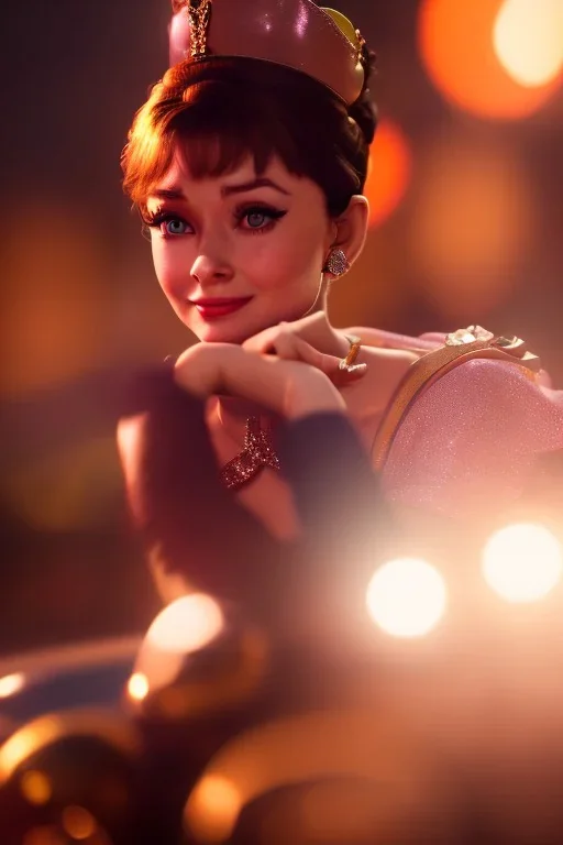 Audrey Hepburn Princess Peach, closed eyes, rtx, reflection, 8k, glow, winning photography, caustics