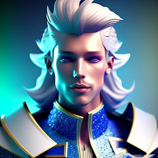 Handsome galactic knight, glitter blue and white prince suit with jewels, long blond hair, blue eyes, cinematic lights, unreal engine 5, 4k, high details