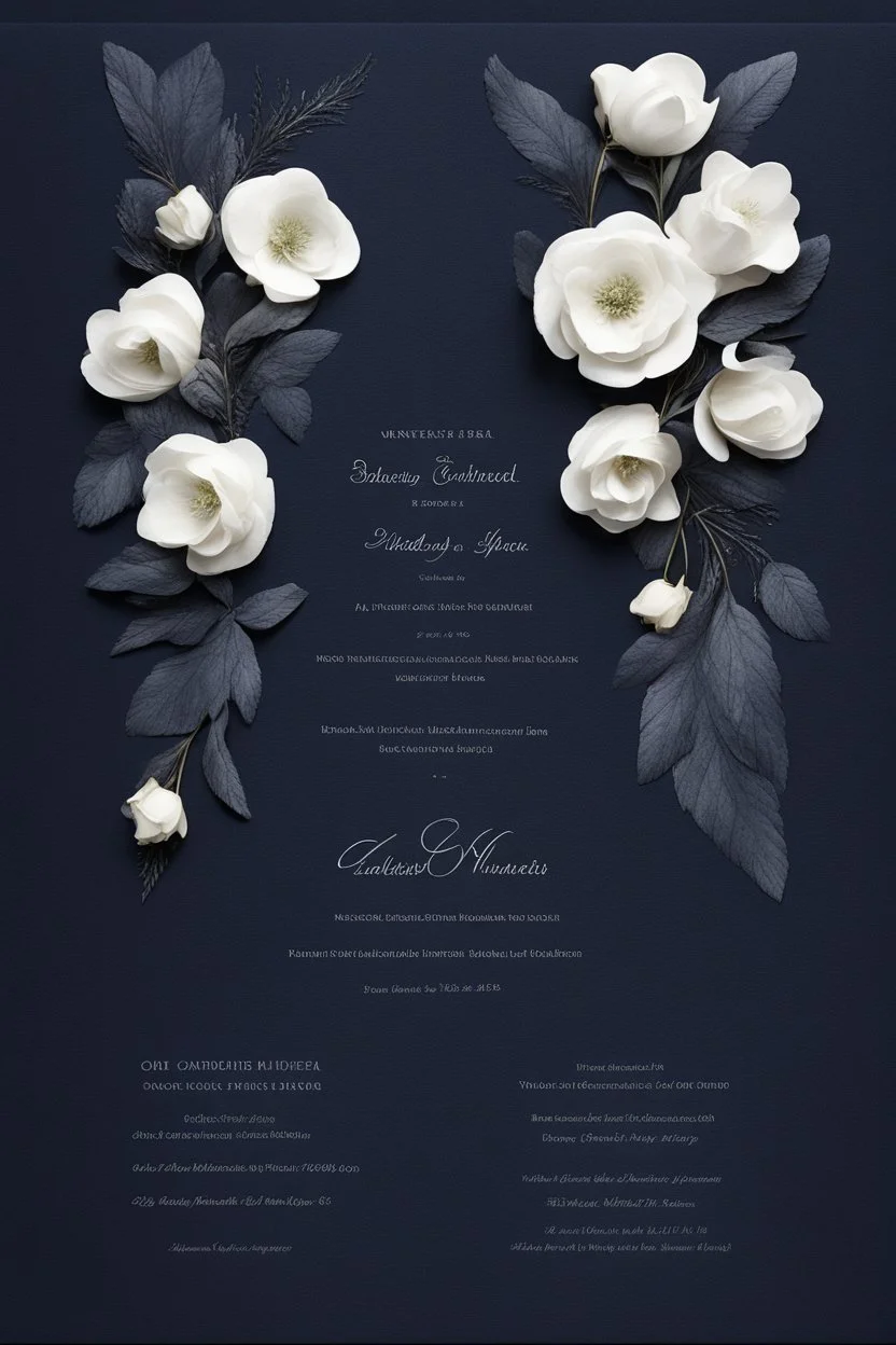 An extremely formal, funeral program for a black man on darkest blue deeply pigmented velvet paper with brilliant, brightest heavy white fonts, simple, minimalistic, less element, very dramatic lighting, detailed, white flowers,