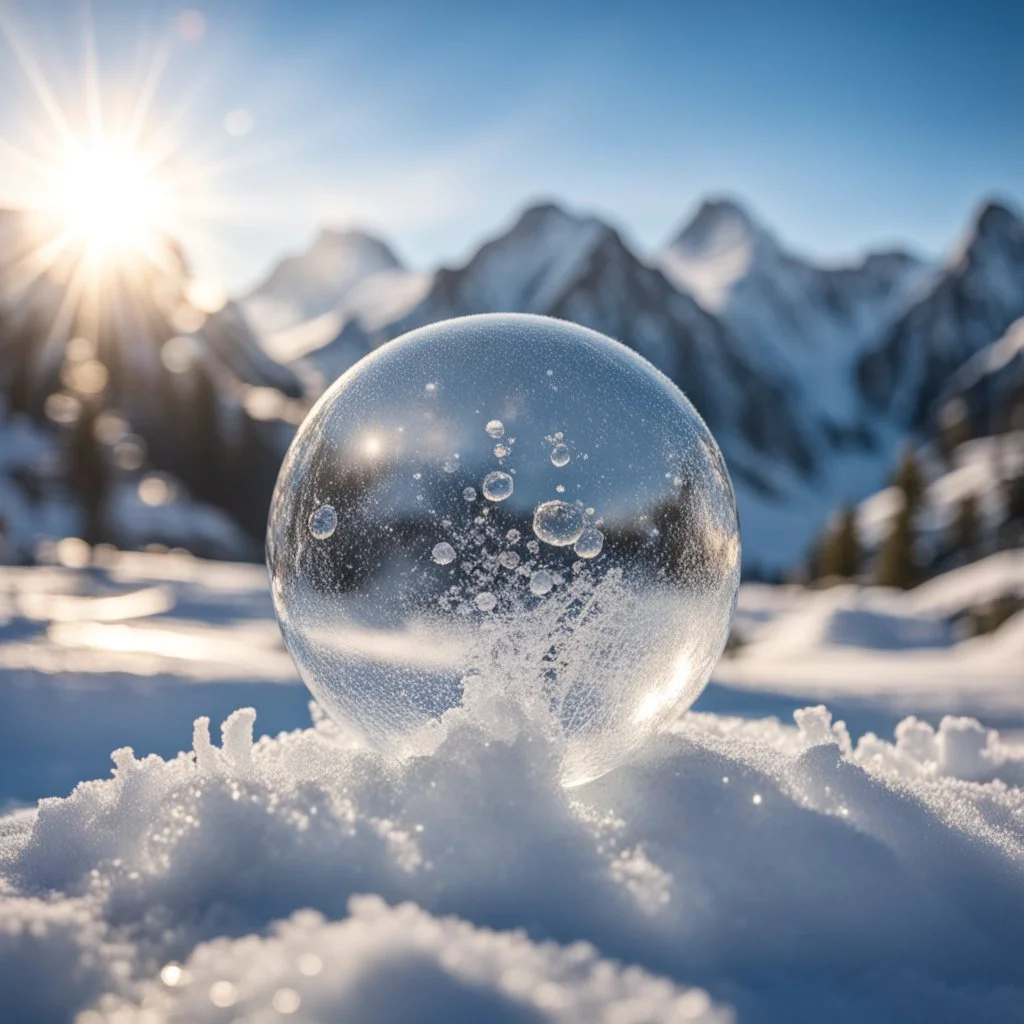 Frozen bubble in front of a snowy mountain landscape, the bubble has wonderful icecrystals and the sun is shining, frozen, cold outside, beautiful small ice flowers in front of the bubble