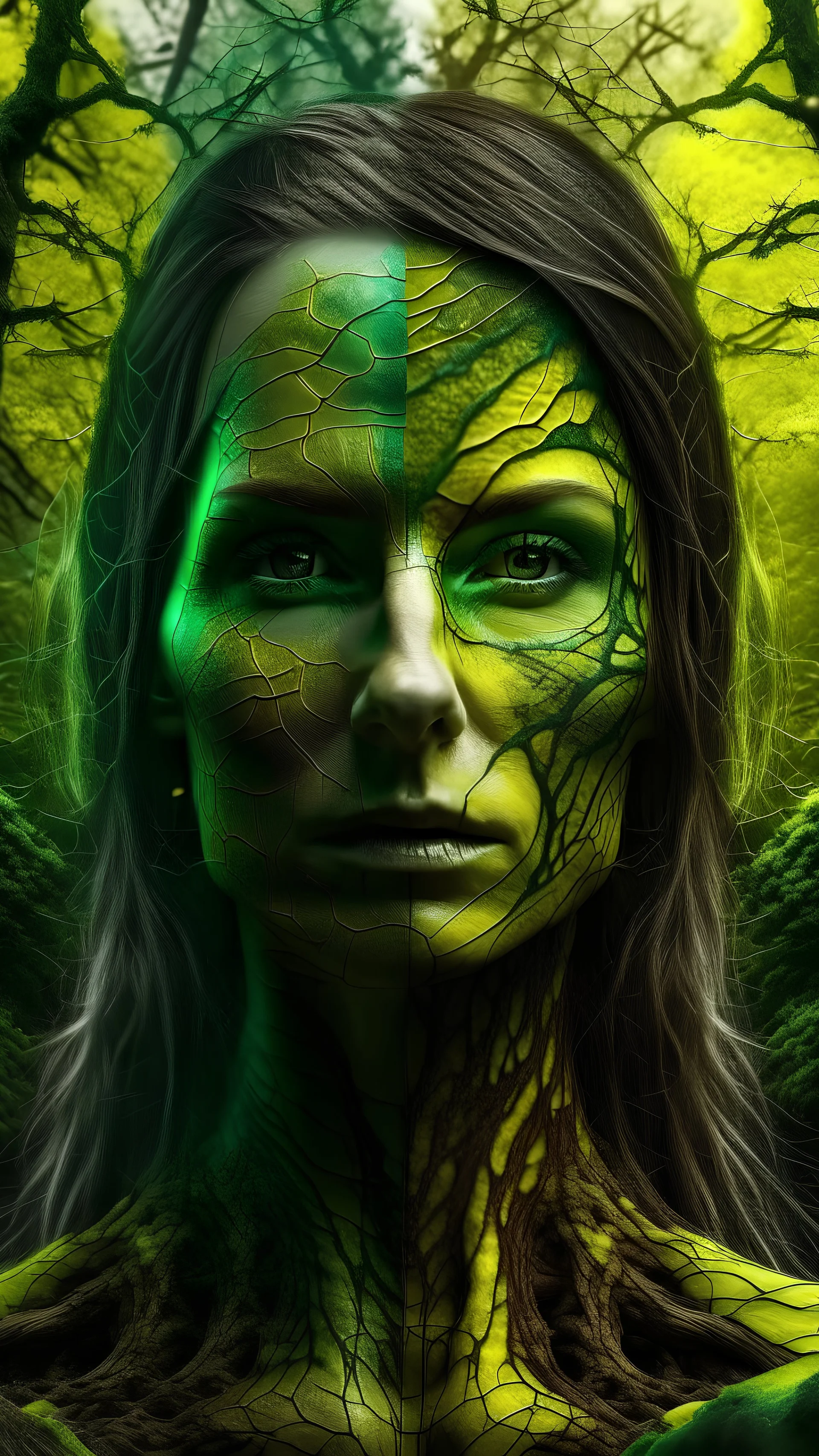 planet as beautiful woman, front facing , roots texture on face, very smooth colors, high contrast, Bordeaux and forest green and yellow, fog