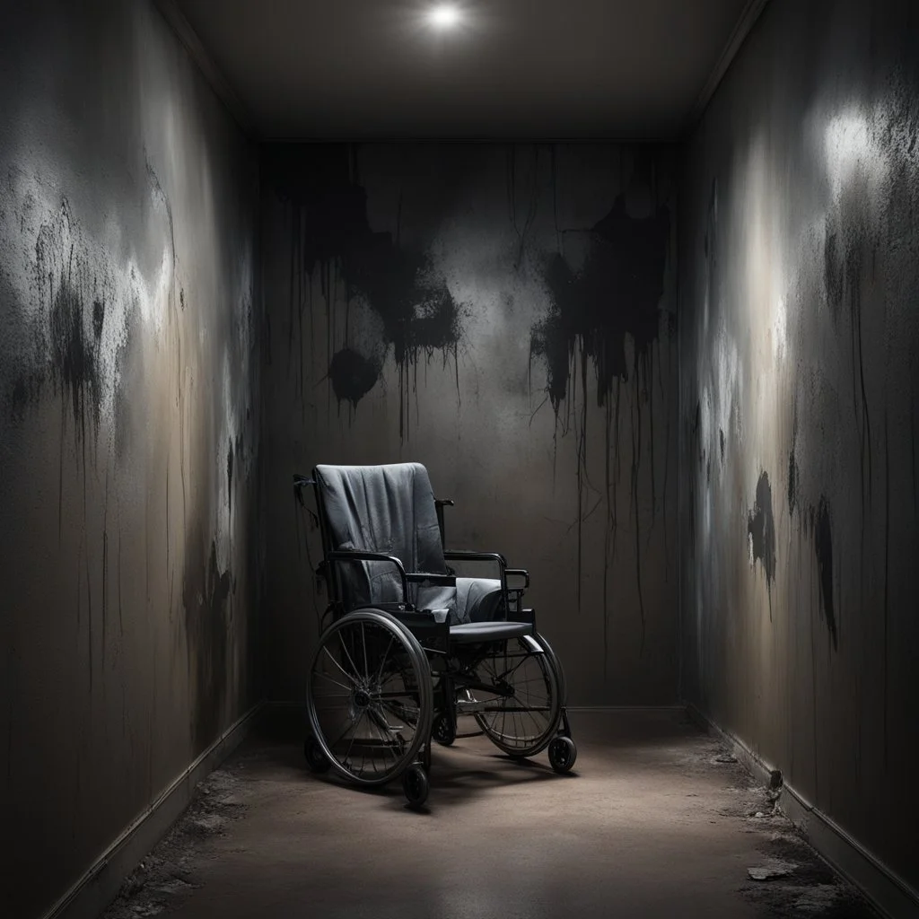 Hyper Realistic wheelchair in between of a dark hallway at night with peeling wall paint & scratch marks on wall