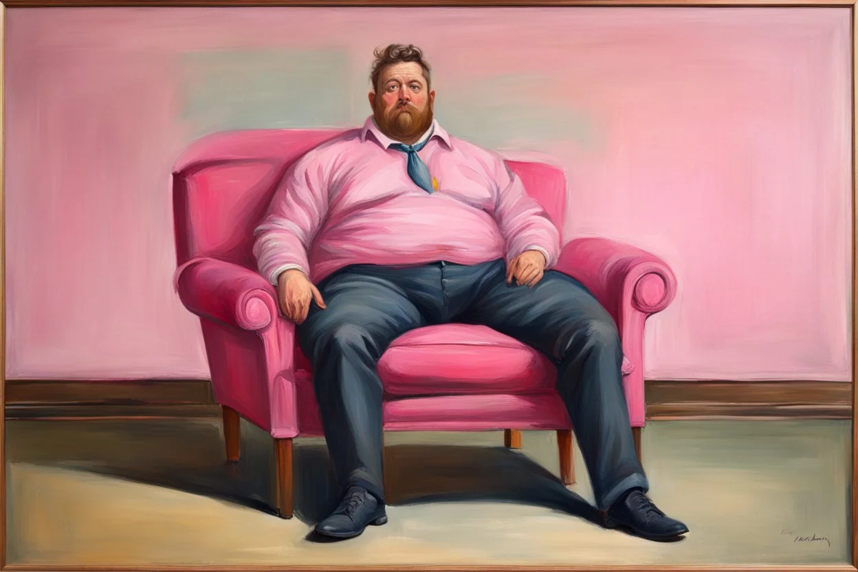 pink chair with big gay man .19th painting