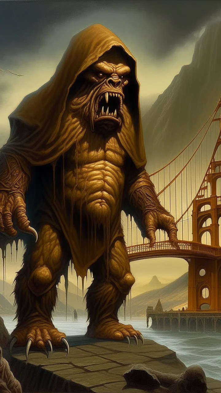 Bosch nightmares paining style Title:the angry giant hooded creature standing tall in front of San Francisco golden bridge , 8k artistic photography, photorealistic concept art, soft natural volumetric cinematic perfect light, chiaroscuro, award-winning photograph, masterpiece, oil on canvas, Raphael, Caravaggio’s, Greg Rutkowski, people, beksinski, Giger
