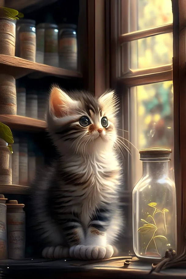 cute kitten in window in an apothecary. HD. High quality